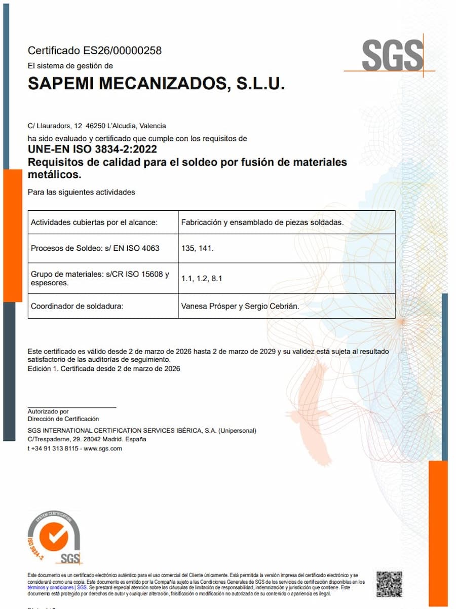 Certificado ISO 3834-2 SAPEMI Mecanizados soldadura