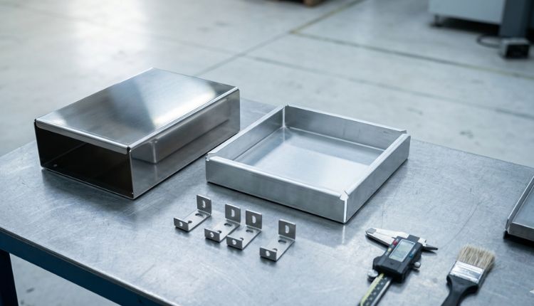 Piezas de calderería fina en acero inoxidable sobre mesa de trabajo industrial con calibre de medición